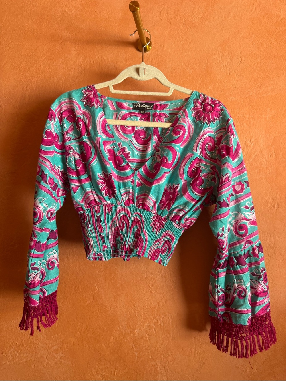 Positano Beaded Fringe Crop Top Pink Aqua Boho Resort M/L